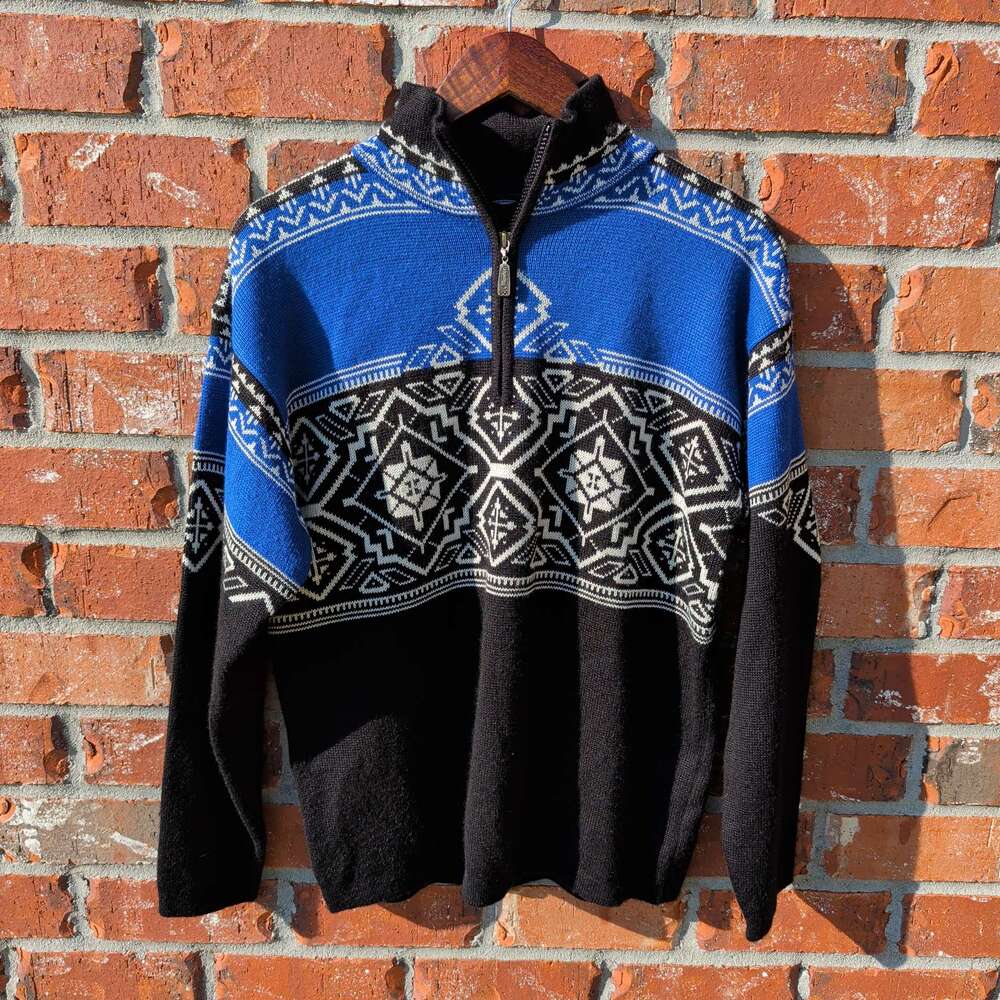 Meister 1/4 Zip Sweater Mens Small Blue Black Aztec Wool Blend Ski